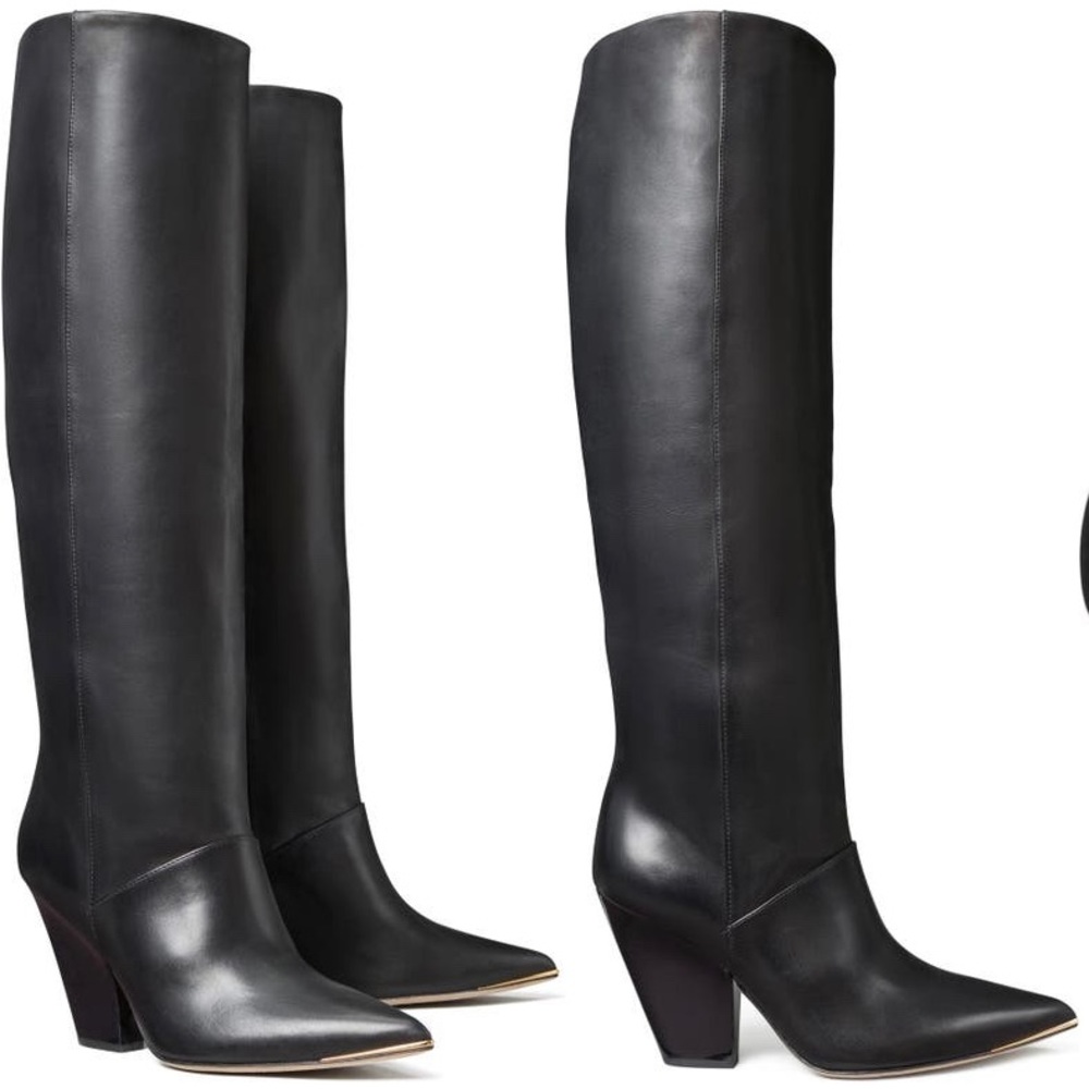 SOLD⛔️TORY BURCH SOFT LEATHER Knee high 3.6" heel pointy gold tip toe boots - Picture 3 of 16